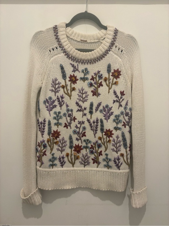 Adam Lippes Sweaters - Adam Lippes Cream Crewneck Sweater with Multicolor Floral Embroidery